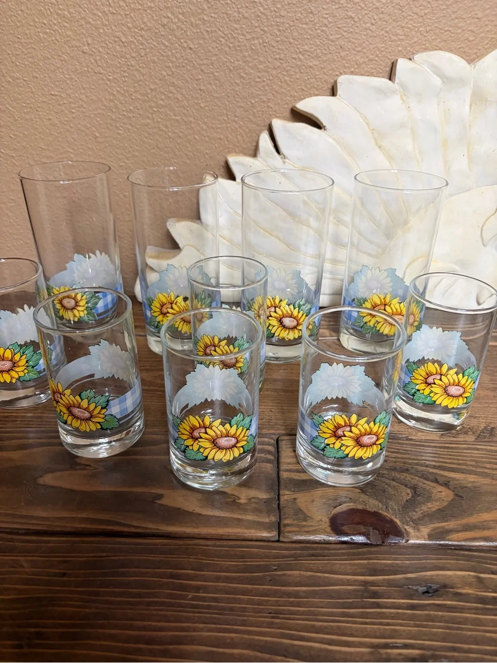 Corelle Vintage Sunflower Blue Plaid Print Drinking Glasses lot of 10!